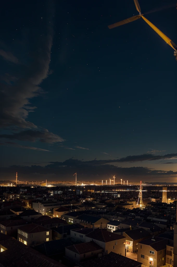 Believe me An image of a city illuminated at night, highlighting the continuity of the electrical supply.En el fondo, paneles solares y molinos de viento, symbolizing renewable energy.