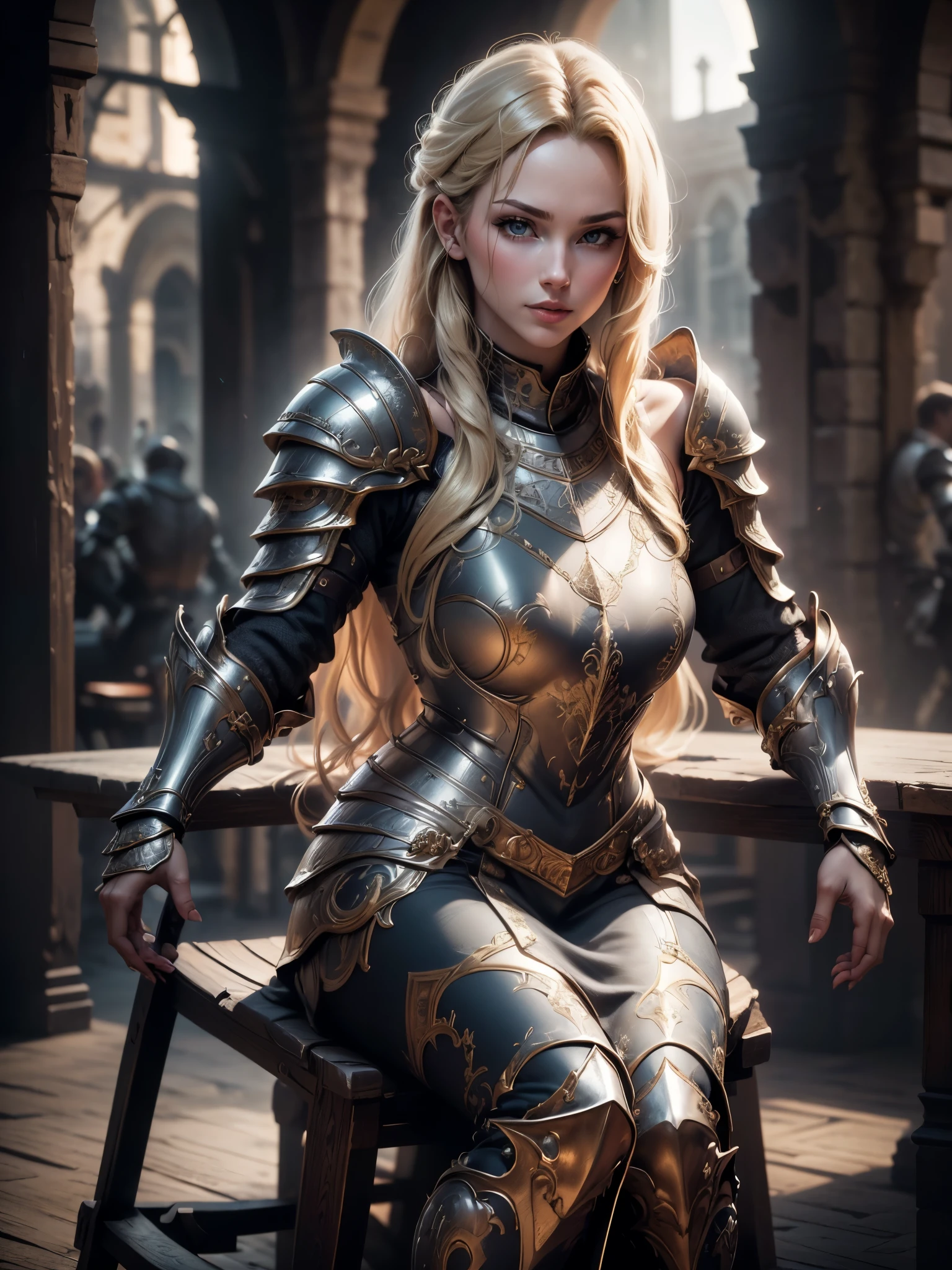 (Masterpiece, Superb Detail, Super Detailed, High Resolution), Male Focus, (((Female Armor))), (((Armor Dress Set))), (She Has Long Blonde Hair, Medium Breasts, Slim, perfect body, beautiful face, sit on chair), Pose for Photo, City Ruins, Background Details, (((Full Body)), Solo