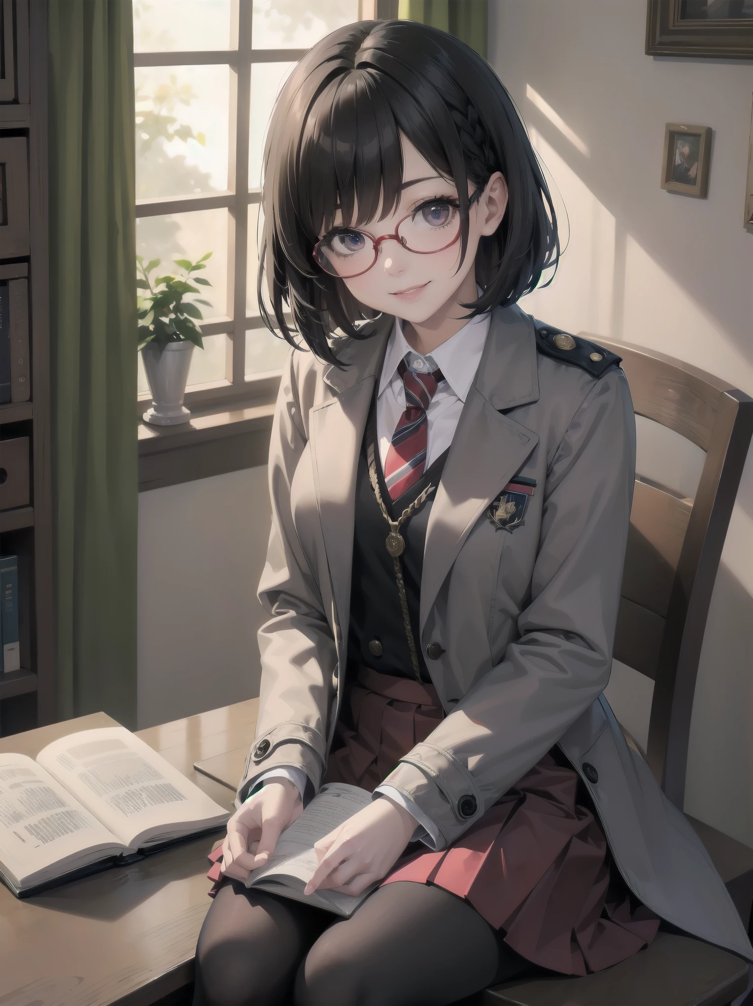 Masterpiece, high quality, high quality, super detailed, 1 girl, solo, looking directly up at viewer, smiling, priss skirt, dark hair, sitting, uniform, lips parted, tie, glasses, black tights, indoor, dark eyes, coat, book, cosplay, window, red skirt, bob cut braided, round glasses, adjust glasses, Hogwarts uniform