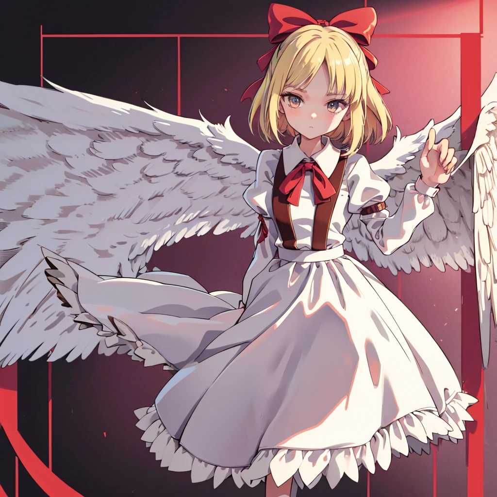 masterpiece, best quality, 1girl, solo, 10 years old, medium blonde hair, forehead visible bangs, hair flaps, ribbon on head, well-formed face, blonde eyes, angel girl, standing collar, nehru collar, white blouse, long sleeves, red ribbon, angel wings, red thick suspenders, long white skirt, long maxi-skirt, very long skirt, wide shot, full body shot, simple background