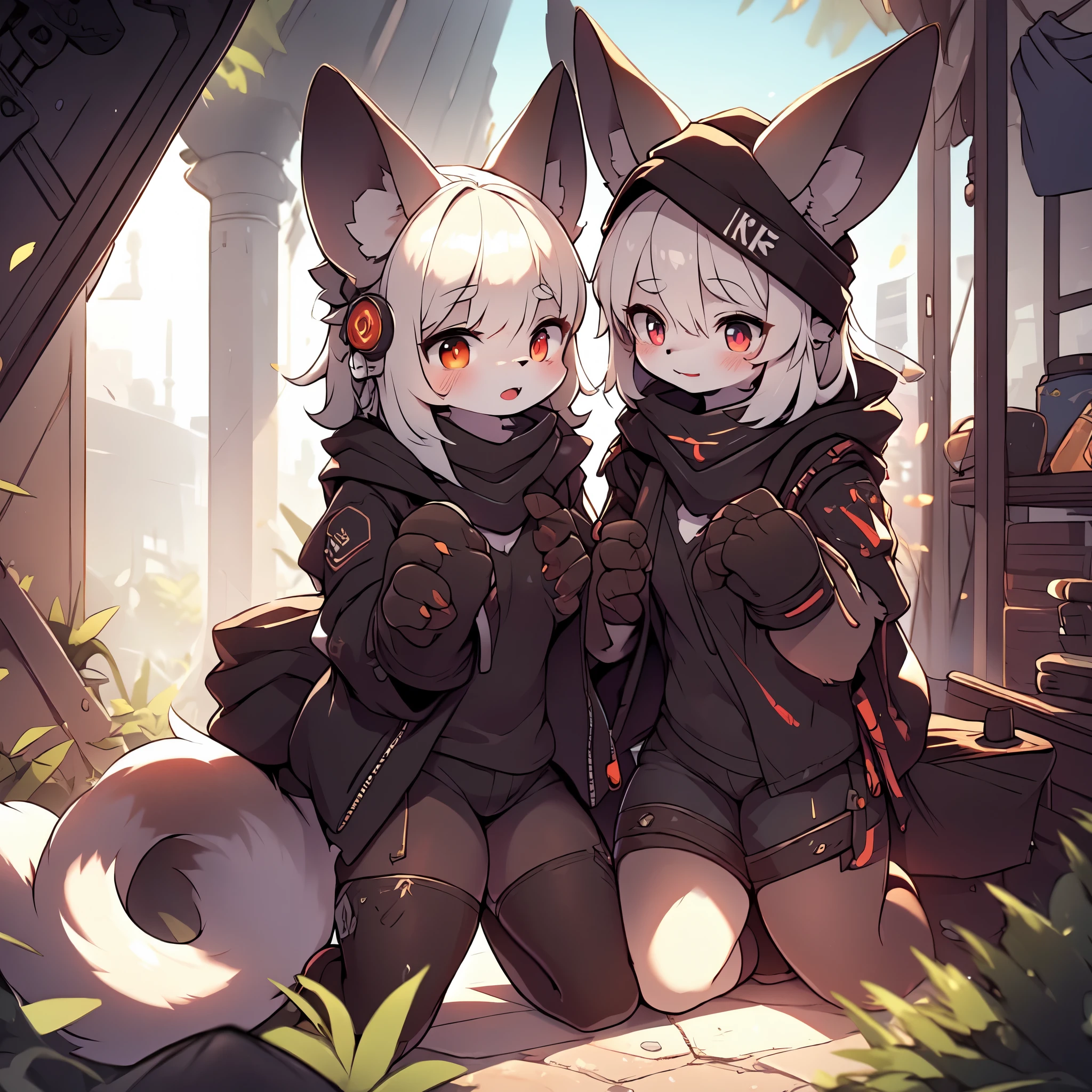 Kawaii, Striped Fluffy Fox, emaciated, long hair, 3girls, artificial synthetic skin, life support prosthetics, digital headphones, black tight latex bodysuit, white long dress, thigh-high-socks, shorts, loose off-the-shoulder hood open jacket, holsters in thigh, Mechanical boots, tactical knee pads, tactical belted loose Arm Sleeves, cybernetic Display gloves, chest rigs, tactical belts, blue archive halo, bulletproof goggles on forehead, from Ark nights, ray tracing, depth of field, bloom, masterpiece, ccurate, high details, highres