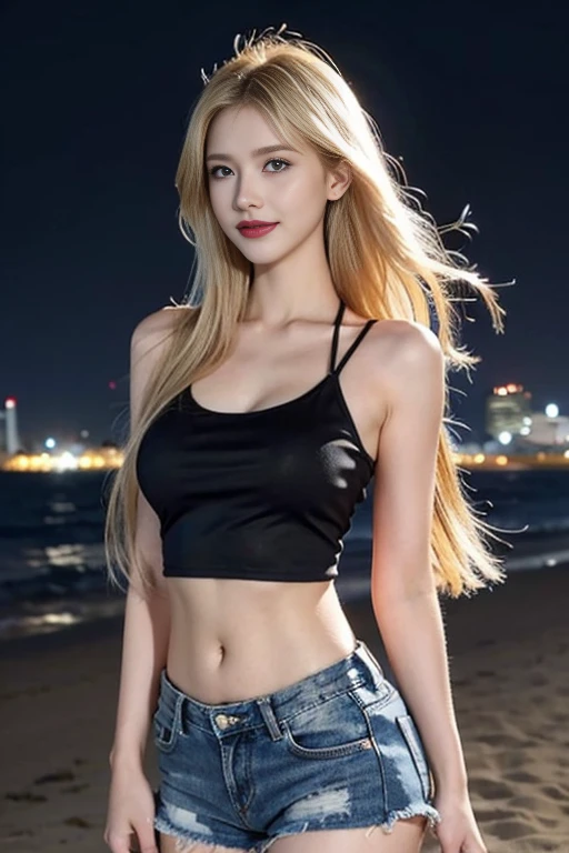 1girl, (Blue Eyes), (smiling :1.2), (Sana Minatozaki), (beautiful makeup :1.2), wide hips, thin waist, Big , big ass, toned legs, (Best Quality, 8k, Masterpiece: 1.3), Clear Focus: 1.2, Perfect Body Beauty: 1.4, strong abs, Highly detailed face and skin texture, detailed eyes, double eyelids, red lips, (blond long hair :1.2), black t-shirt, denim shorts, cutoffs, standing, on a beach at night, city at night in the background, light bulbs in the background, deep on field
