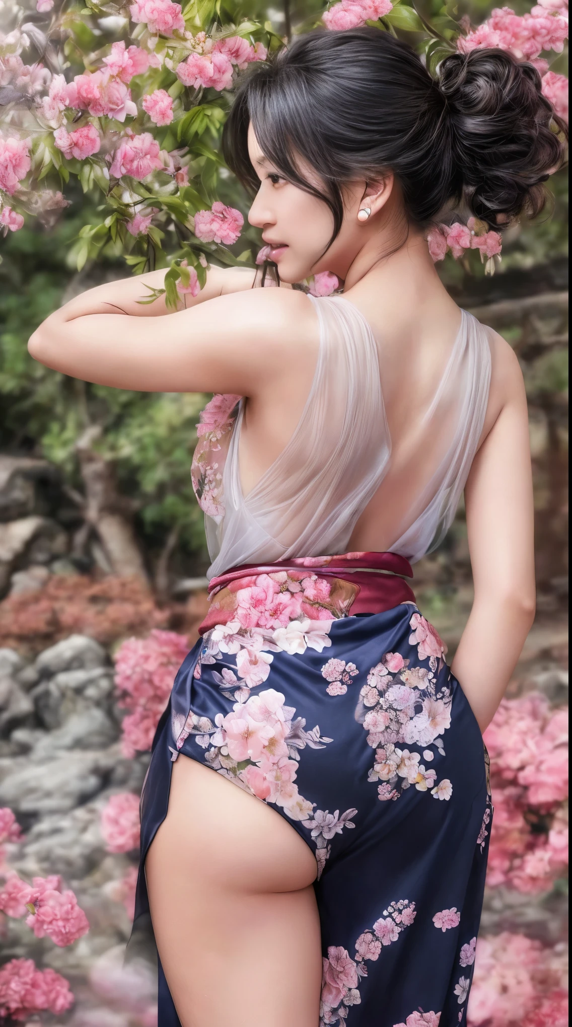最high quality、high quality、Best image quality、8k、最High resolution、High resolution、最high quality、masterpiece、RAW Photos、whole body写真、Detailed and realistic human body、Detailed and realistic skin、Realistic face in every detail、Detailed and realistic eyes、Detailed and realistic lips、Detailed and realistic teeth、Detailed and realistic ears、Detailed and realistic hair、Realistic reproduction of every detail、((Beautiful Hands(thumb1、reference4))、Realistic feet down to the last detail、((Beautiful Japanese Girl))、(Japanese Model)、((18 year old beautiful girl))、(Black Hair)、(Random Hairstyles)、((whole body))、((Slim and perfect figure))、(Beautiful and firm breasts)、(whole body光沢肌、Fair skin)、Soft natural light、China dress、kimono、Ninja costume、Japanese tradition、Japanese garden、((Colorful see-through(Floral Ninja Costume))、((Back view(Poses to make your thighs look beautiful))