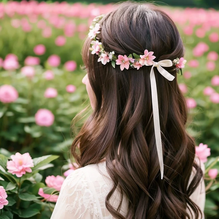 Back view、Dark brown hair、long、Wavy hairstyle、Small ribbon decoration、Ruffled clothing、Beautiful、The background is a flower field