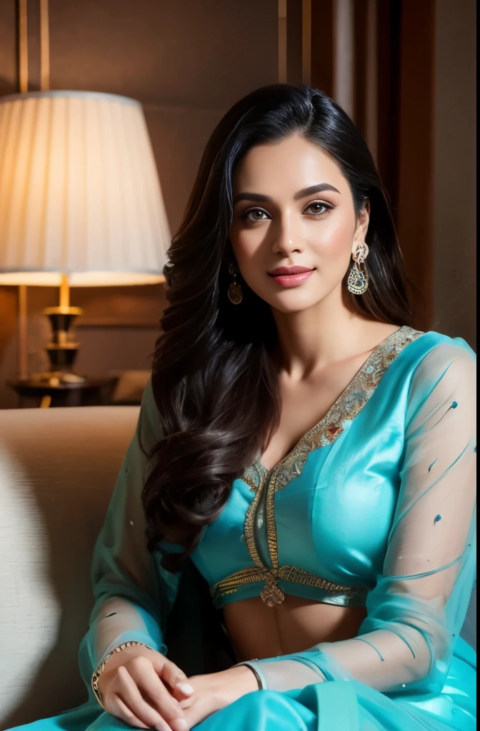 Portrait of A confident-looking 23 year old indian woman with long flowing light brown hair, hazel eyes, with flowing capes and ice blue colour saree, smiling, sitting on a sofa in luxury hotel room, perfect composition, hyperrealistic, super detailed, 8k, high quality, trending art, trending on artstation, sharp focus, siberian photo, intricate details, highly detailed, perfect 36-26-36 figure, perfect hands, perfect fingers on her lap art by greg rutkowski