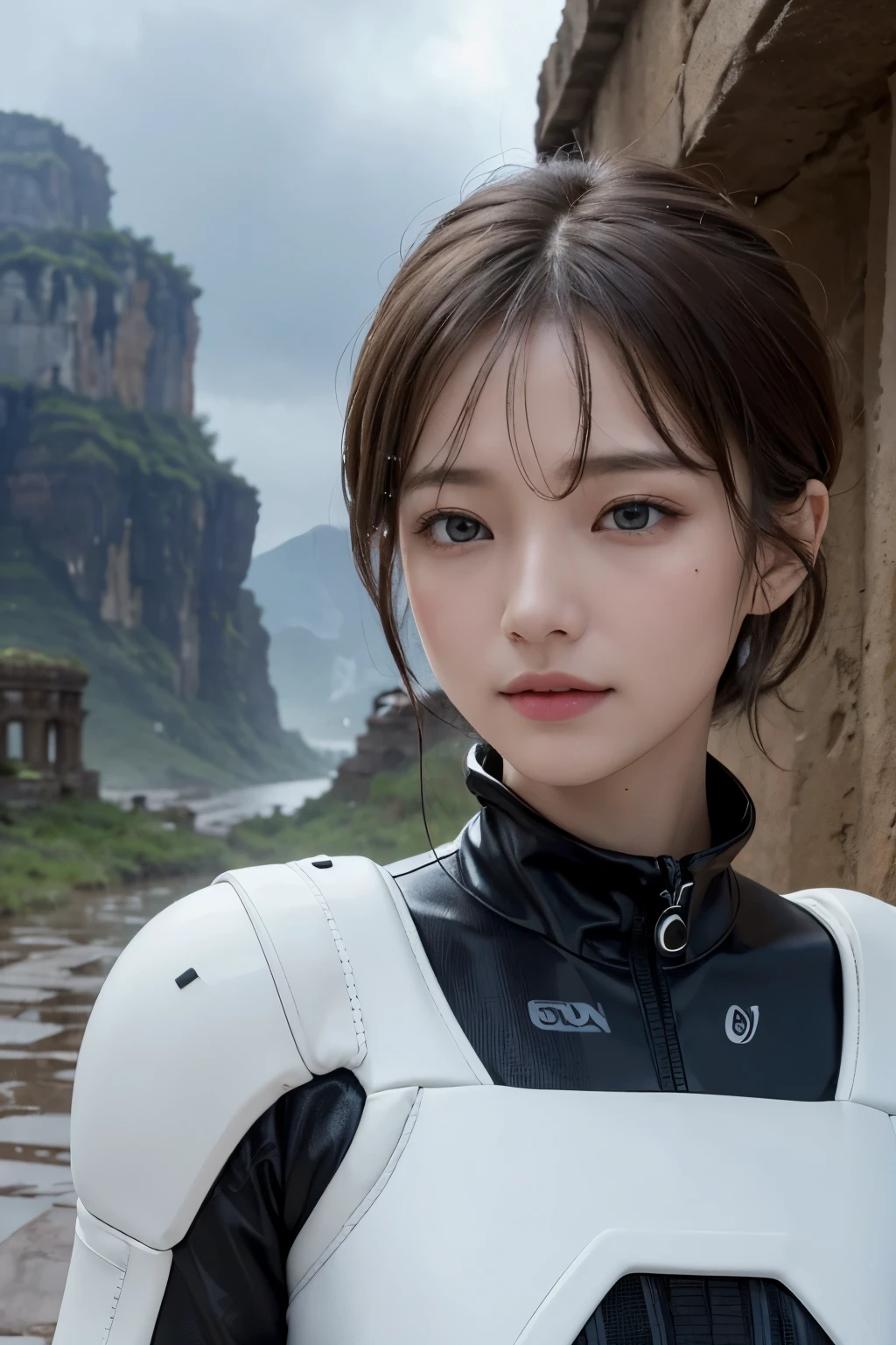 Ultra-high resolution、(Real:1.4)、One beautiful woman、Beautifully detailed eyes and skin、Tired face、Light brown short hair、A Little Smile、Small Bust、A smart space suit、Wet with rain、Rain Valley、cliff、desert、heavy rain、Black rain clouds、Spaceship in the distance、Ruins of an ancient civilization、Continuous rain、