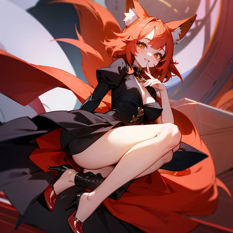 Fox girl wearing a dress and high heels, having her vagina fingered by a man, 1 girl, 1 boy