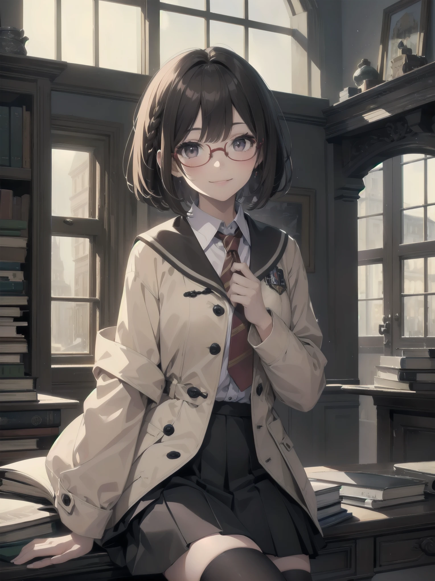 Masterpiece, high quality, high quality, super detailed, 1 girl, solo, looking directly up at viewer, smiling, priss skirt, dark hair, sitting, uniform, lips parted, tie, glasses, black tights, indoor, dark eyes, coat, book, cosplay, window, red skirt, bob cut braided, round glasses, adjust glasses, Hogwarts uniform
