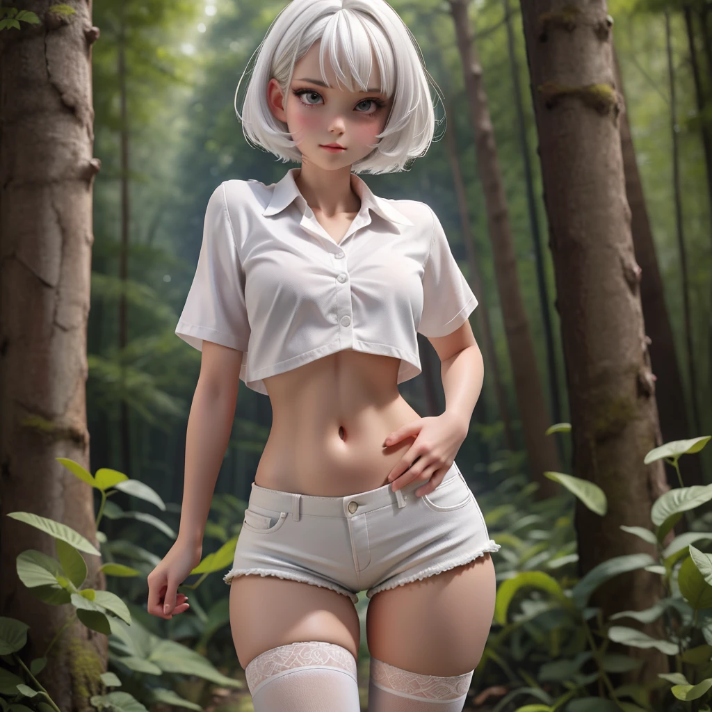 beautiful girl with short white hair ,against the background of the forest,in a white shirt and short shorts, black stockings,holding his stomach,lower abdominal pain,slightly bloated belly