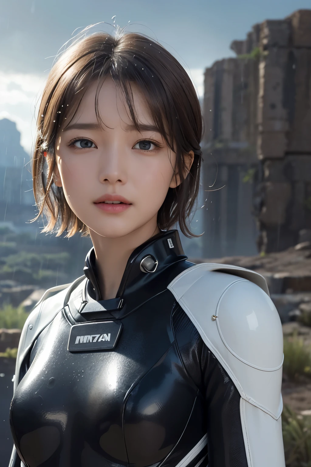 Ultra-high resolution、(Real:1.4)、One beautiful woman、Beautifully detailed eyes and skin、Light brown short hair、A Little Smile、Small Bust、Slim and smart spacesuit、Wet with rain、Rain Valley、cliff、desert、heavy rain、Black rain clouds、I see a spaceship in the distance、Ruins of an ancient civilization、Continuous rain、
