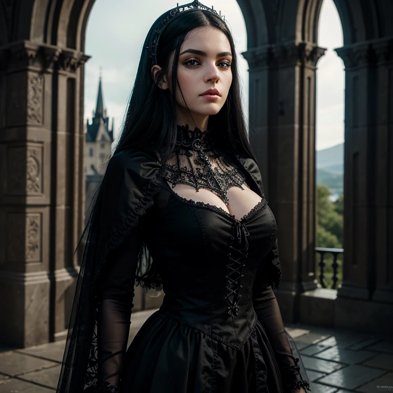 1 European gothic woman, female, full body, black hair, hyperrealistic, ultra detailed face and eyes, realistic representation, her clothing is gothic style, in the picture you can see a castle