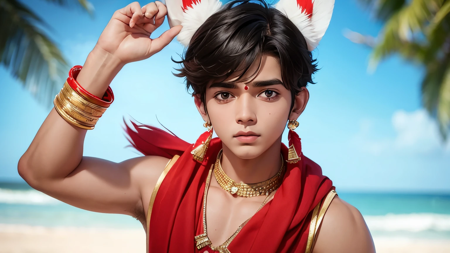 a muscler boy wearing red baniyan raj name pritend on baniyan with white letters and wearing hearbird on his ear looking forward 