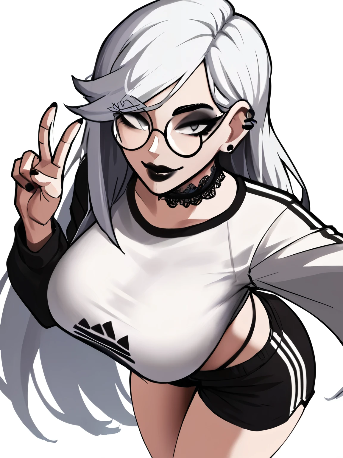 score_9, score_8_up, score_7_up, score_6_up, score_5_up, score_4_up,
BREAK
1girl, white hair, asymmetrical hair, straight hair, long hair, tomboy, grey eyes, thick lips, light smile, long eyelashes, half-closed eyes, black-framed eyewear, round eyewear, black choker, swept bangs, adult, mature, black eyeliner, ear piercing, black lips, grey eyeshadow, looking at viewer,
BREAK
solo, standing, large breasts, adult, skinny, peace sign, from above, wedgie, highleg, arched back, thigh gap, white crop to, black sport shorts, white stripes, patterned clothing, adidas, black thong, floral print choker, goth,
BREAK
(white background:1.2), simple background, dynamic pose, dynamic angle, angled shot, 