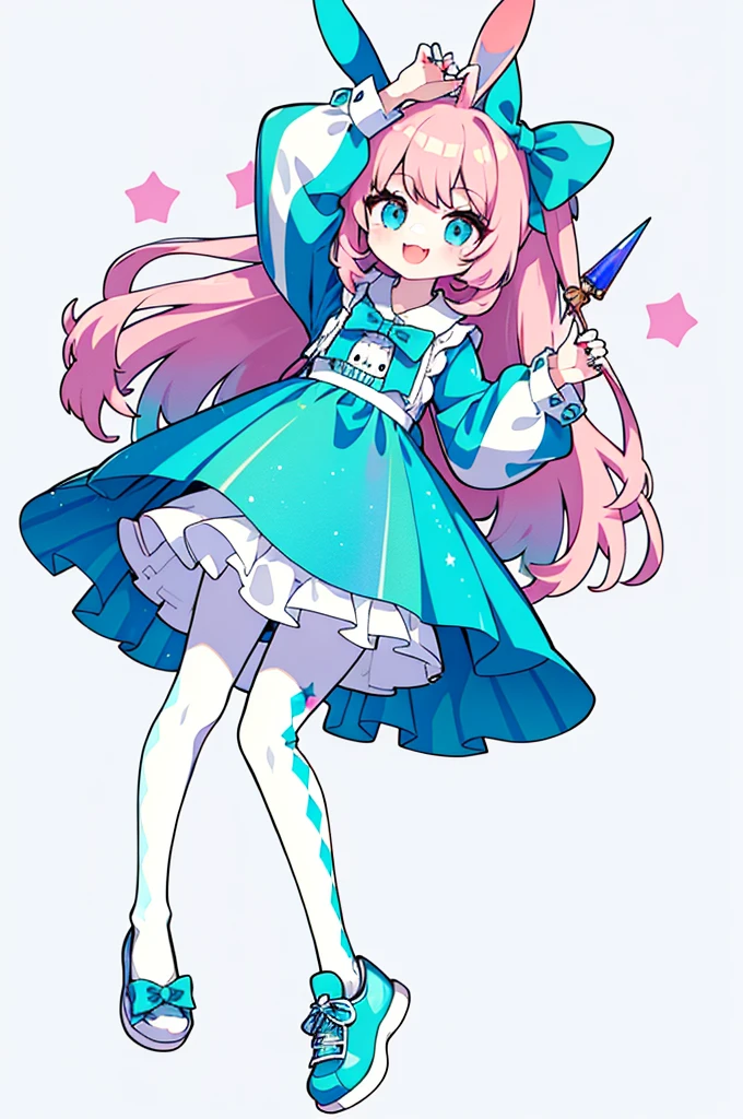 1girl, animal ears, pink hair, long hair, rabbit, open mouth, smile, rabbit ears, bow, solo, white background, dress, pantyhose, wand, blue eyes, looking at viewer, :d, full body, simple background, nail polish, striped, holding, arm up, hair bow, long sleeves, puffy sleeves, aqua footwear, shoes, blue footwear, jumping, animal, blush, argyle, star (symbol), holding wand, very long hair, ribbon, holographic.
(((holographic clothing)))