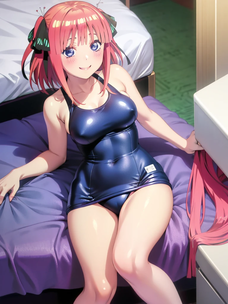 best quality, ultra-detailed masterpiece, nino nakano, one-piece swimsuit, breasts, pantyhose, blush, smile, bed room