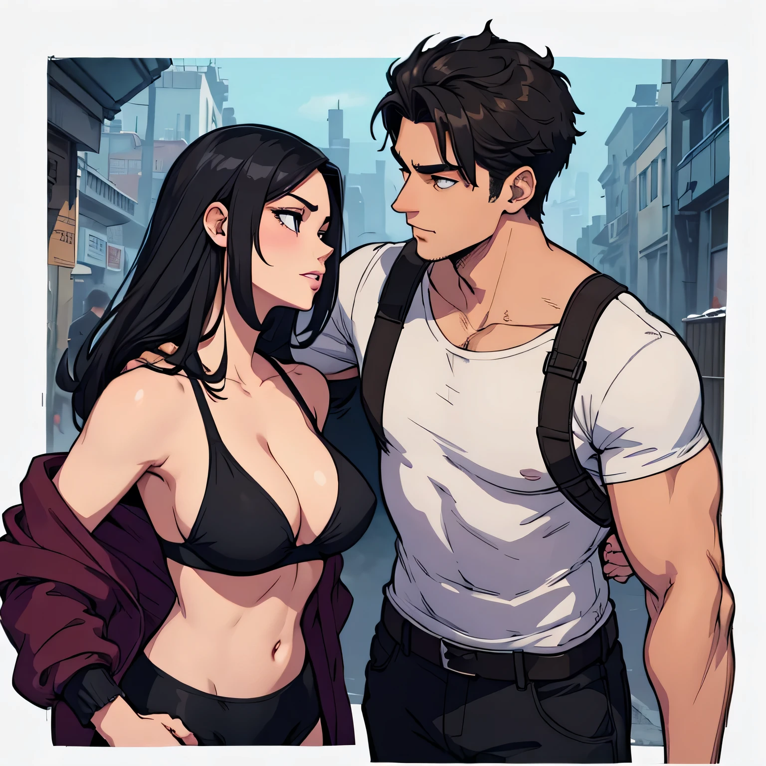 Masculine guy accompanying a dark-haired girl, en un mundo apocalipsis