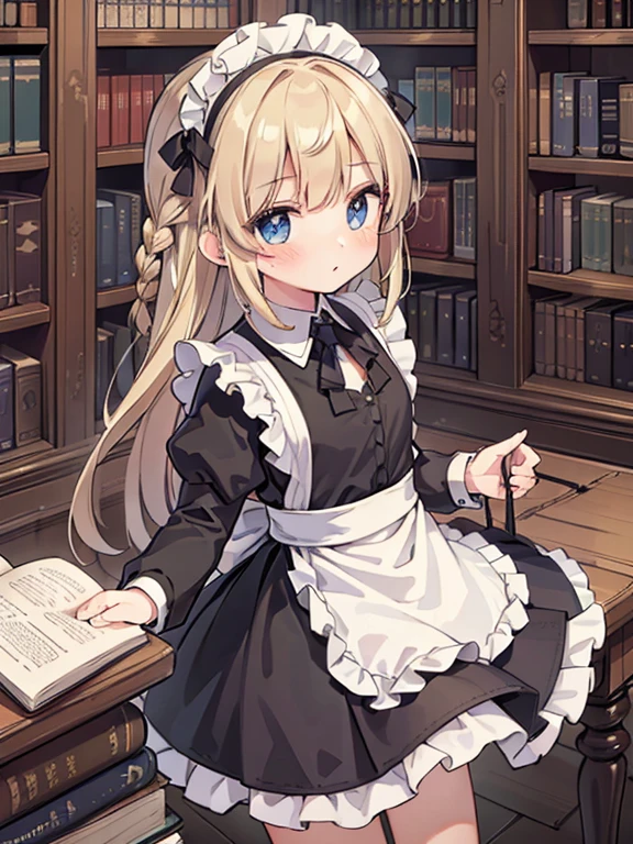 masterpiece, highest quality, Very detailed, 16k, Ultra-high resolution, 12-year-old girl, Detailed face, blue eyes, Blonde, Braid, Long Hair, Black maid outfit, Western-style building, Library ai, Bookshelf, I have a lot of books