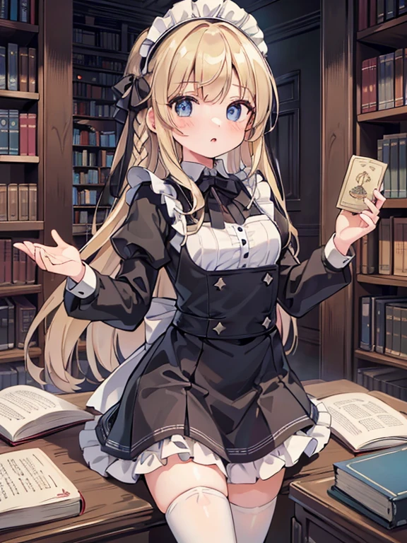 masterpiece, highest quality, Very detailed, 16k, Ultra-high resolution, -yeld gi Detailed face, blue eyes, Blonde, Braid, Long Hair, Black maid outfit, Western-style building, Library ai, Bookshelf, I have a lot of books