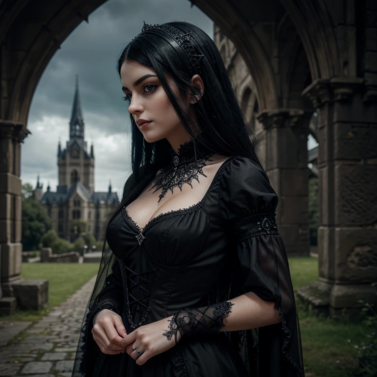 1 European gothic woman, female, full body, black hair, hyperrealistic, ultra detailed face and eyes, realistic representation, her clothing is gothic style, in the picture you can see a castle