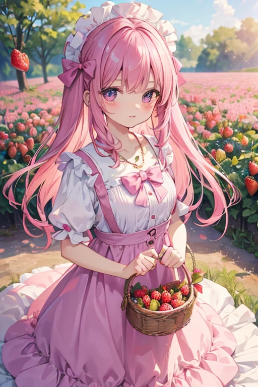 The image features a pink-haired girl with a pink bow in her hair, holding a basket of strawberries. She is wearing a pink dress and a heart-shaped necklace. The girl is also holding a lollipop in her hand. The scene is set in a field with a row of strawberries in the background. The overall color palette of the image is predominantly pink and purple, giving it a whimsical and dreamy atmosphere. The art style appears to be a mix of digital art and illustration, with a focus on the girl's facial expression and the details of the strawberries.