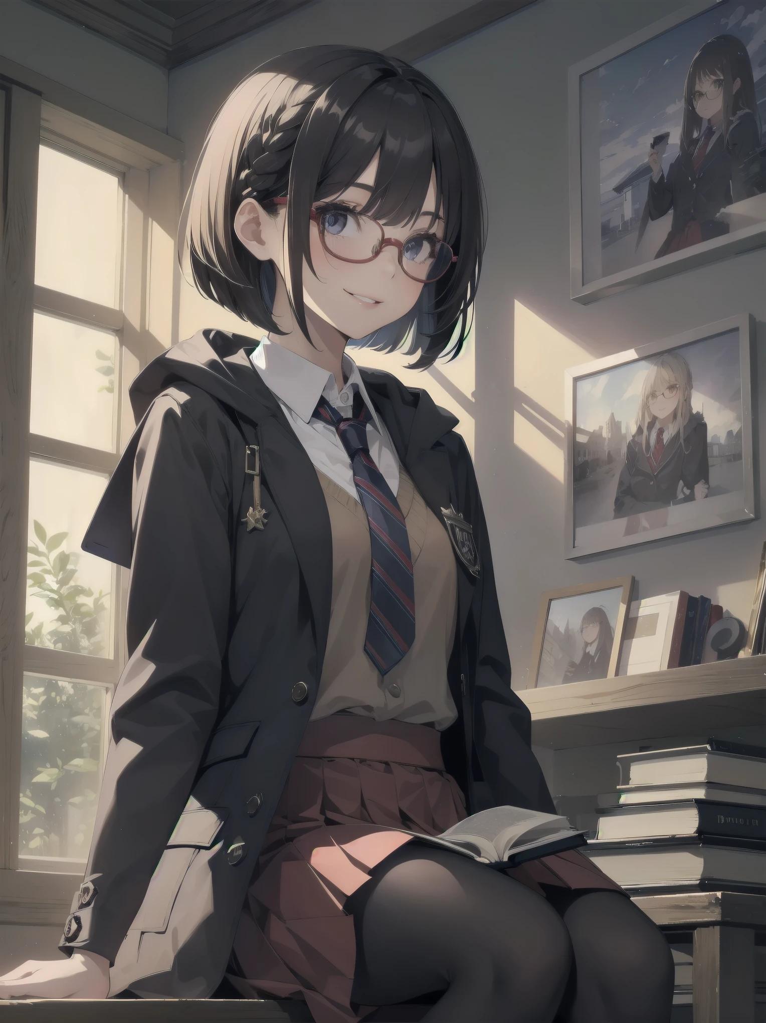 Masterpiece, high quality, high quality, super detailed, 1 girl, solo, looking directly up at viewer, smiling, priss skirt, dark hair, sitting, uniform, lips parted, tie, glasses, black tights, indoor, dark eyes, coat, book, cosplay, window, red skirt, bob cut braided, round glasses, adjust glasses, Hogwarts uniform