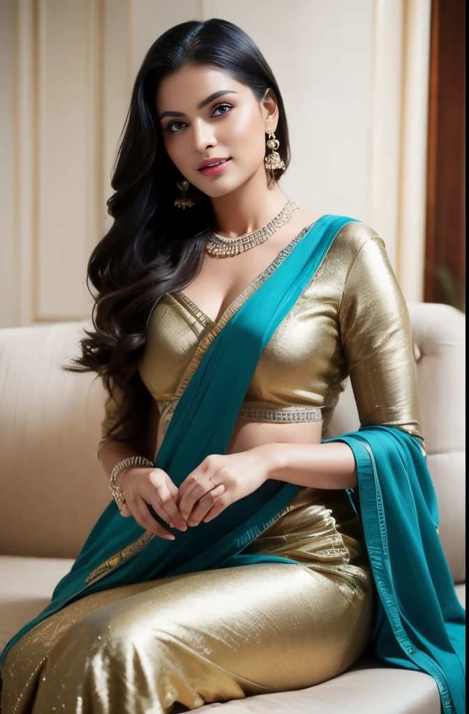 Portrait of A confident-looking 23 year old indian woman with long flowing light brown hair, hazel eyes, with flowing capes and ice blue colour saree, smiling, sitting on a sofa in luxury hotel room, perfect composition, hyperrealistic, super detailed, 8k, high quality, trending art, trending on artstation, sharp focus, siberian photo, intricate details, highly detailed, perfect 36-26-36 figure, perfect hands, perfect fingers on her lap art by greg rutkowski
