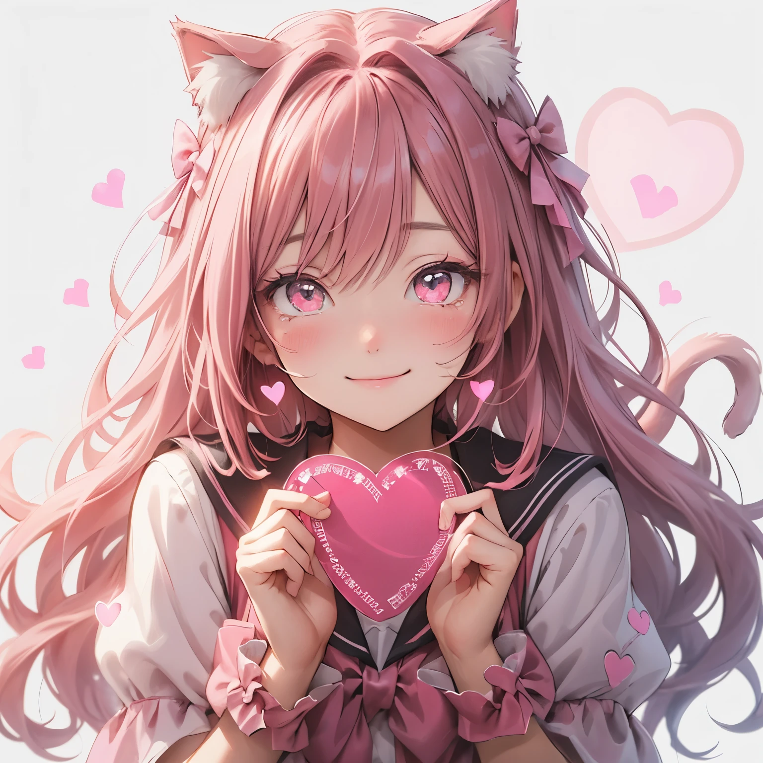 Cat with red pink ribbon、Red pink hair、Red pink eyes、Red pink clothes、Having a letter、Love Letter、heart、shy, nervous smile, (heart in eye:1.4), heart-shaped pupils, happy tears, sparkle、Background: School entrance