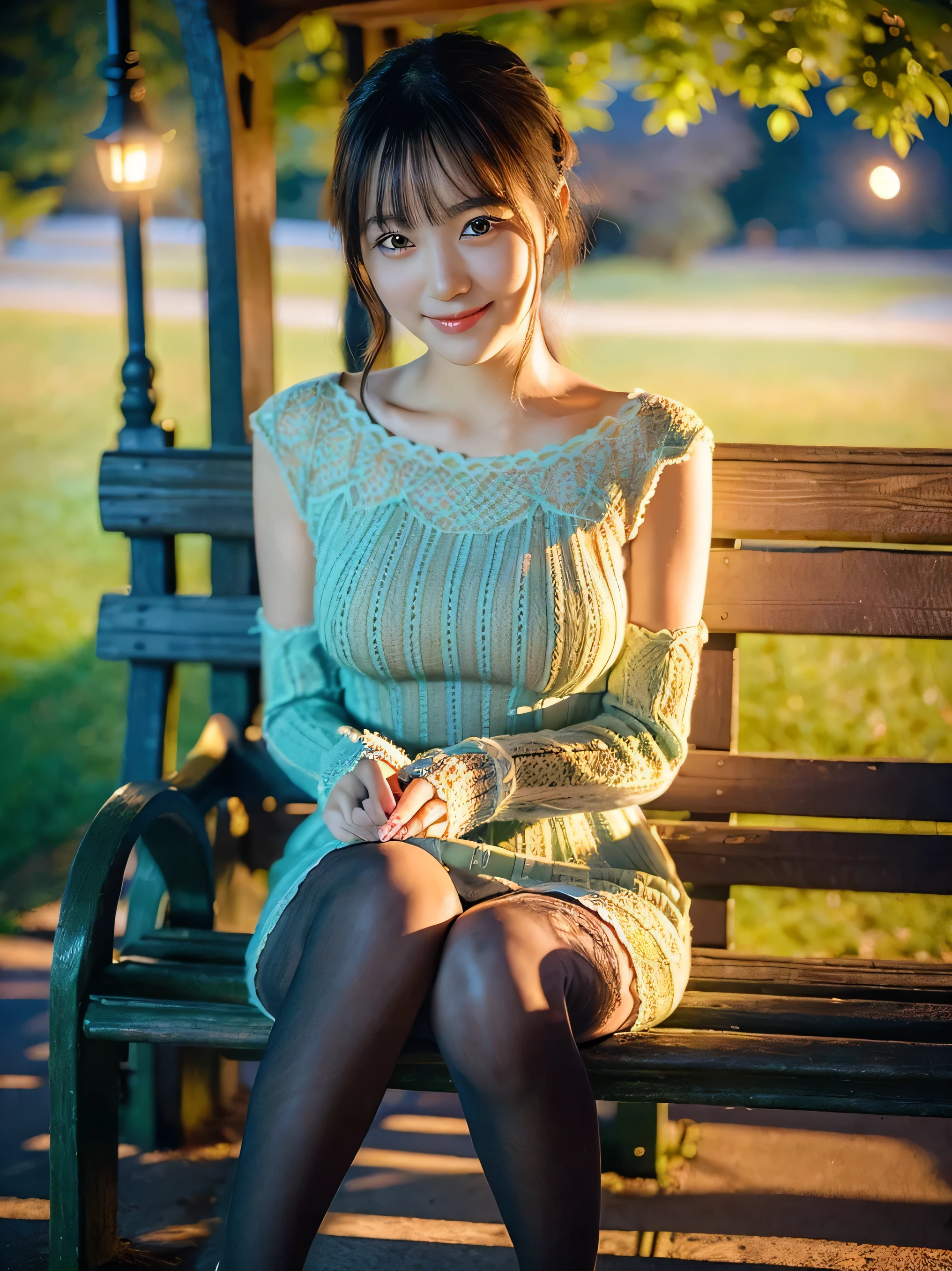 ulzzang -6500-v1.1, (Raw photo:1.2), (Photorealsitic), a beautiful detailed girl, (Real: 1.4), extremely detailed eye and face, ((PastelColors、Knitted dresses、Super realistic black tights))、((quiet park bench at night:1.2)), selfee, Instagram、game_nffsw, huge filesize, hight resolution, ighly detailed, top-quality, [​masterpiece:1.6], illustratio, ighly detailed, nffsw, finely detail, top-quality, 8k wallpaper, Cinematographic lighting, 1girl in, 17 age, perfect body type, cute droopy eyes beautiful big eyes、Pieckfinger, ((masutepiece)), Best Quality, 1girl in, eye shadow,  Portrait, ((FULL BODYSHOT:1.4))、(Very affectionate smile:1.2)、photographed from the back、realistic skin textures、shinny skin、turned around!!!、Exposed thighs!!!