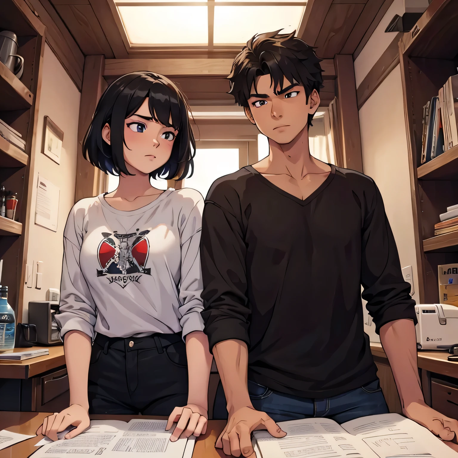 17-year-old masculine boy accompanying a dark-haired girl, en un mundo apocalipsis