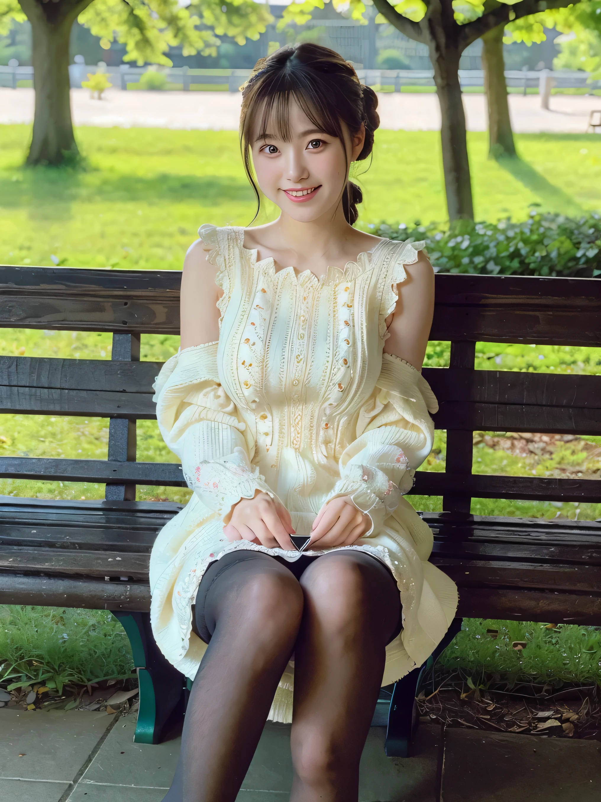ulzzang -6500-v1.1, (Raw photo:1.2), (Photorealsitic), a beautiful detailed girl, (Real: 1.4), extremely detailed eye and face, ((PastelColors、Knitted dresses、Super realistic black tights))、((quiet park bench at night:1.2)), selfee, Instagram、game_nffsw, huge filesize, hight resolution, ighly detailed, top-quality, [​masterpiece:1.6], illustratio, ighly detailed, nffsw, finely detail, top-quality, 8k wallpaper, Cinematographic lighting, 1girl in, 17 age, perfect body type, cute droopy eyes beautiful big eyes、Pieckfinger, ((masutepiece)), Best Quality, 1girl in, eye shadow,  Portrait, ((FULL BODYSHOT:1.4))、(Very affectionate smile:1.2)、photographed from the back、realistic skin textures、shinny skin、turned around!!!、Exposed thighs!!!