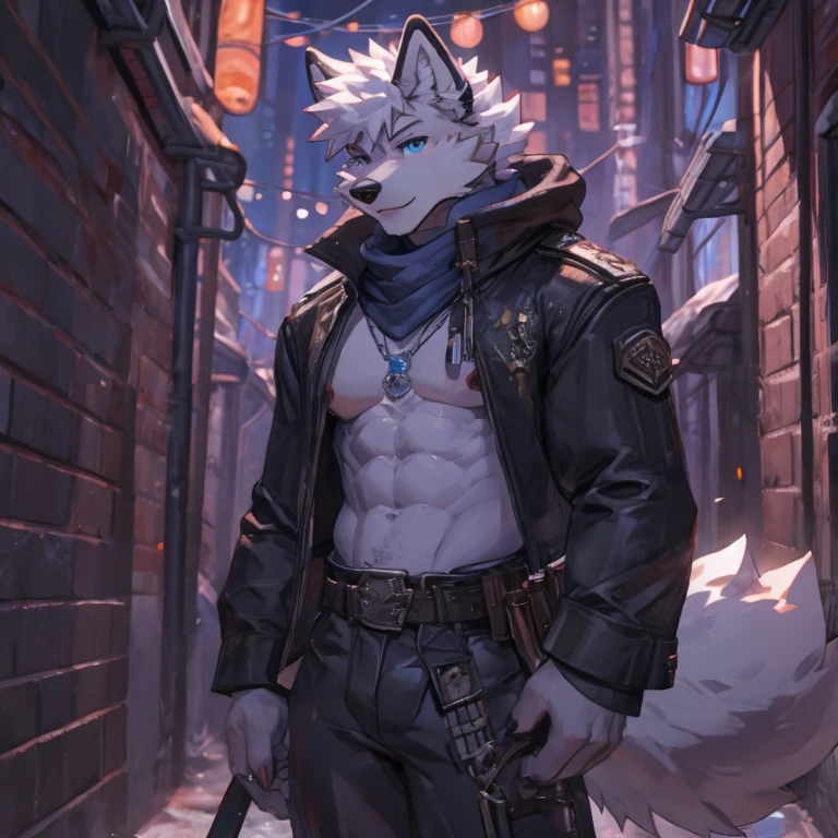 Arctic fox femboy muscle cute,Messy white hair, rogue outift, Dark alley background.