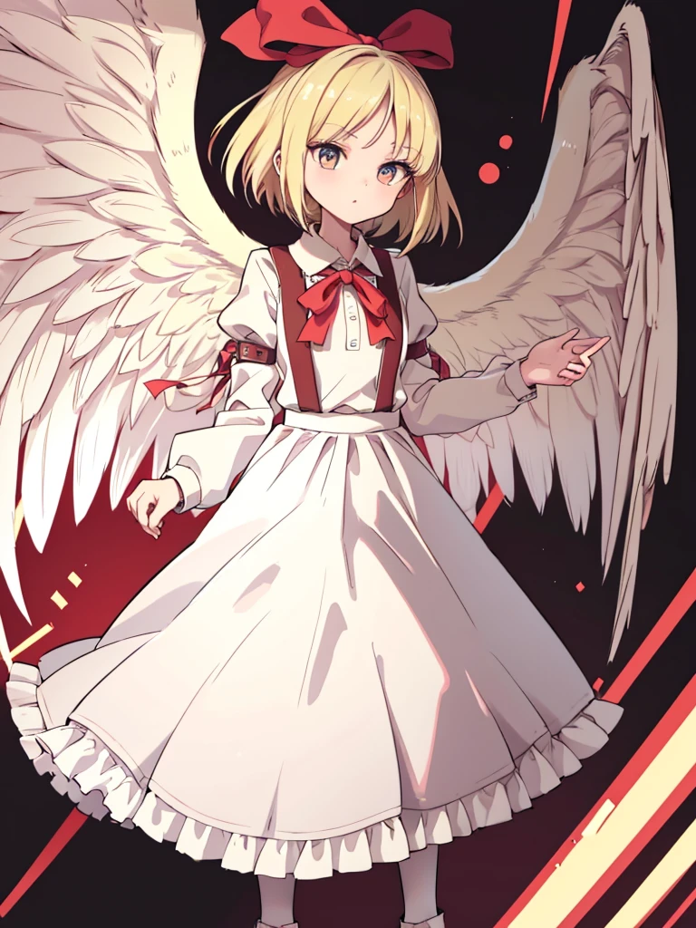 masterpiece, best quality, 1girl, solo, , medium blonde hair, forehead visible bangs, hair flaps, ribbon on head, well-formed face, blonde eyes, angel girl, standing collar, nehru collar, white blouse, long sleeves, red ribbon, angel wings, red thick suspenders, long white skirt, long maxi-skirt, very long skirt, wide shot, full body shot, simple background