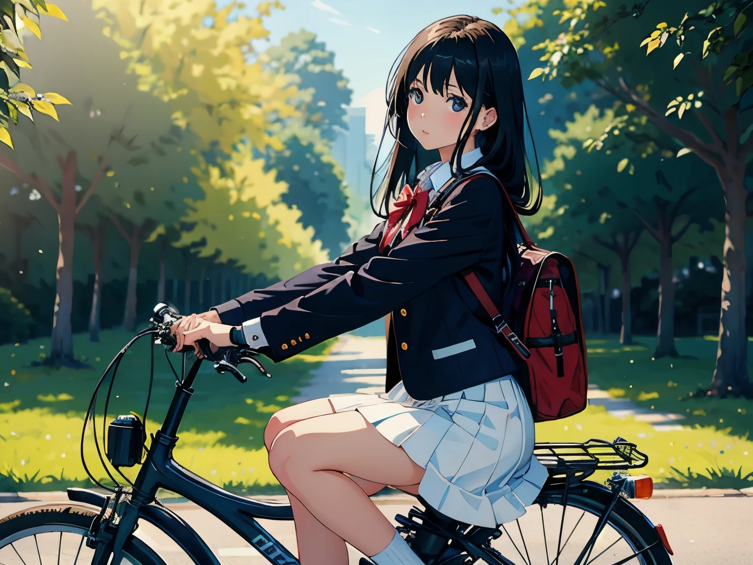 (masterpiece, highest quality:1.2), Reality、(One girl riding a bicycle), alone、high school girl、uniform、(Bag in the front basket of a bicycle、Don&#39;t carry a bag on your back)、(whole)、(From diagonally ahead)、Blank background、White background、