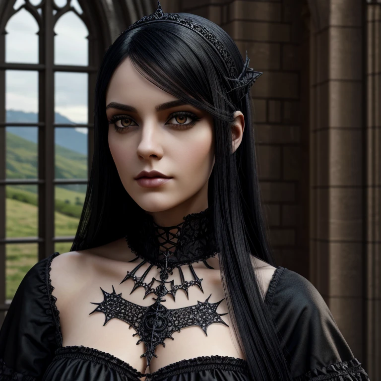 1 European gothic woman, female, full body, black hair, hyperrealistic, ultra detailed face and eyes, realistic representation, her clothing is gothic style, in the picture you can see a castle