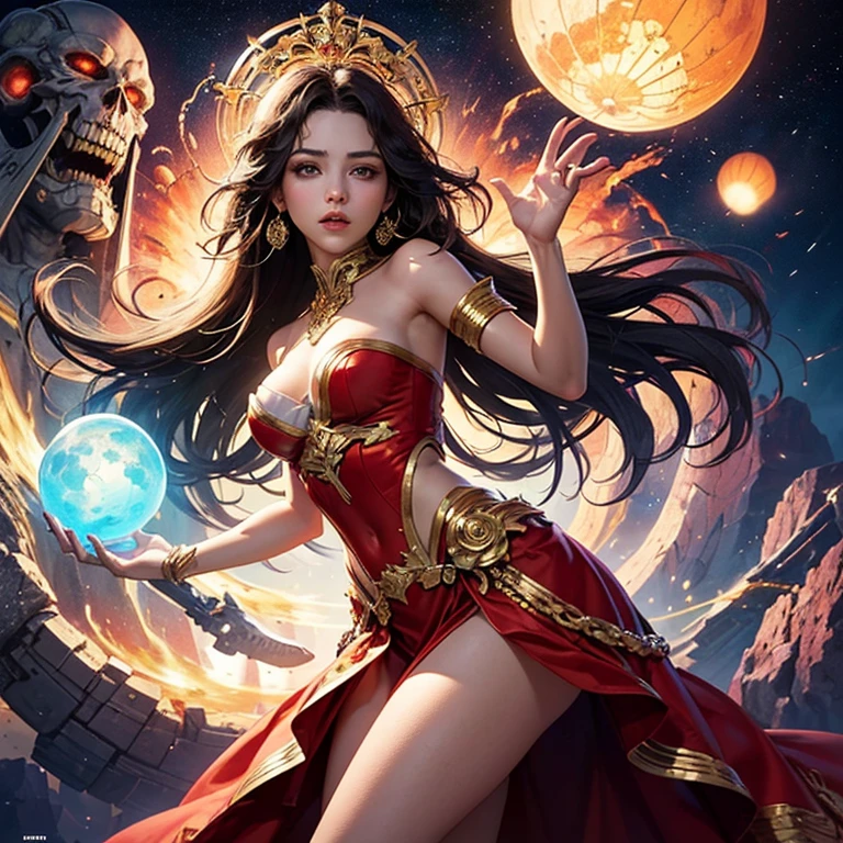 (((medium full shot))), (Masterpiece, best quality, ultra-detailed:1.3), (nice hands, perfect hands), official art, cinematic light, (1girl:1.3), adult, An ethereal woman with a glowing orb, surrounded by a mystical blend of floral and fiery cosmic elements