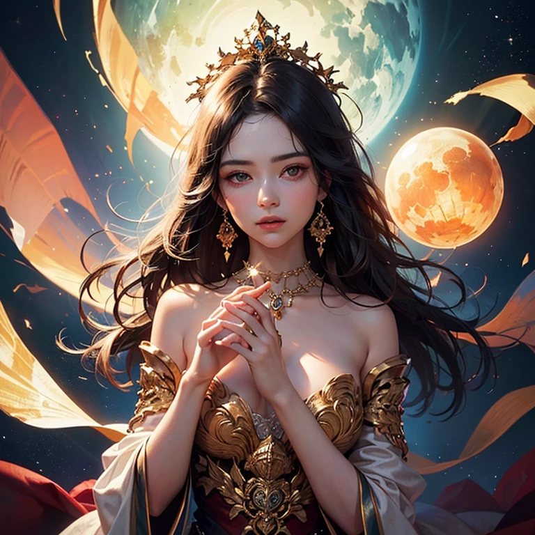 (((medium full shot))), (Masterpiece, best quality, ultra-detailed:1.3), (nice hands, perfect hands), official art, cinematic light, (1girl:1.3), adult, An ethereal woman with a glowing orb, surrounded by a mystical blend of floral and fiery cosmic elements