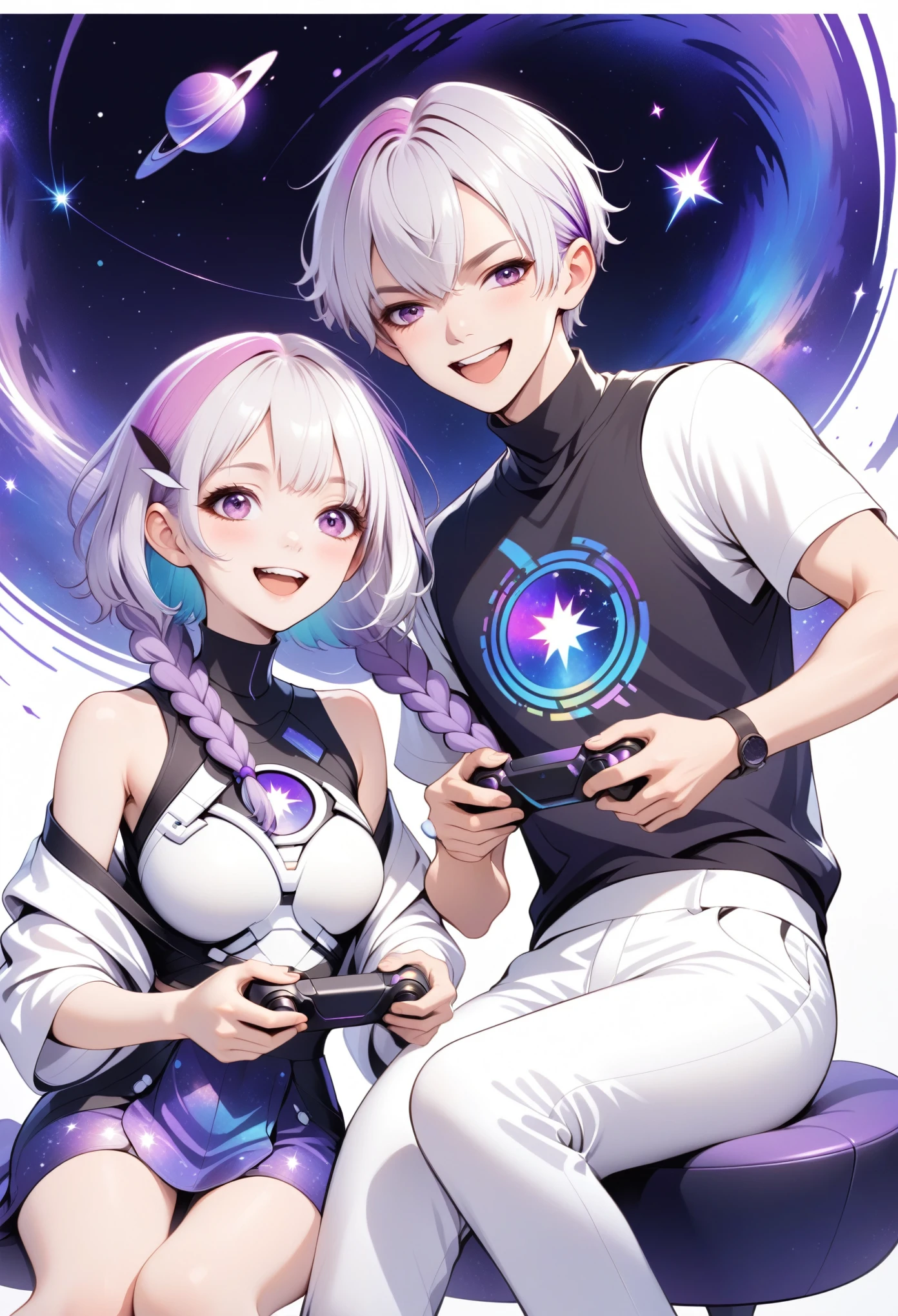 Graphic design,vector art,Smooth lines,Simple style,Couple poster design:Two people playing games happily and laughing,Short hair for boys,Purple Eyes,white hair,Girls High Turtleneck Off Shoulder Top,She has two purple braids,Galaxy theme,(fashion design),(Vibrant colors)(Bright colors)