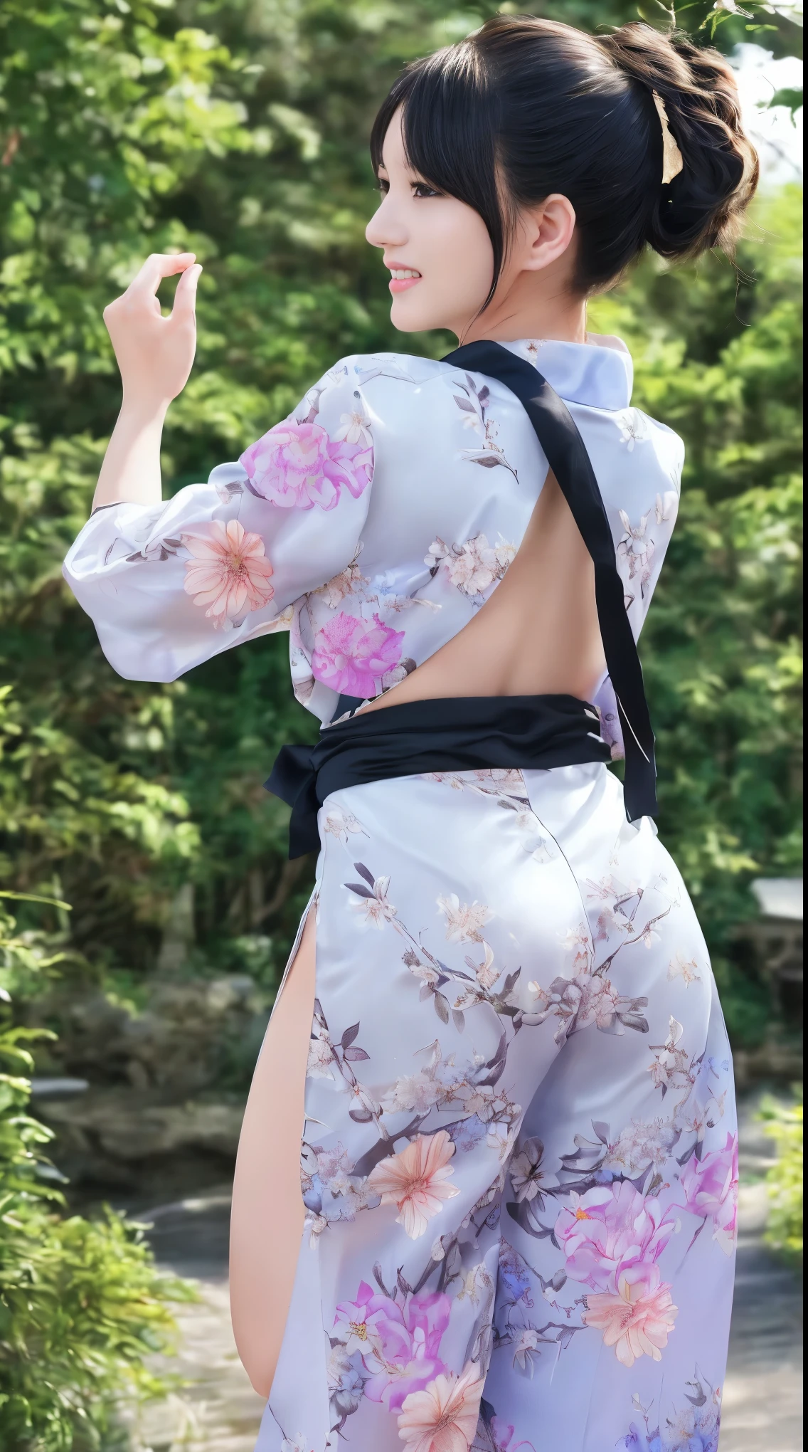 最high quality、high quality、Best image quality、8k、最High resolution、High resolution、最high quality、masterpiece、RAW Photos、whole body写真、Detailed and realistic human body、Detailed and realistic skin、Realistic face in every detail、Detailed and realistic eyes、Detailed and realistic lips、Detailed and realistic teeth、Detailed and realistic ears、Detailed and realistic hair、Realistic reproduction of every detail、((Beautiful Hands(thumb１、reference４))、Realistic feet down to the last detail、((Beautiful Japanese Girl))、(Japanese Model)、((18 year old beautiful girl))、(Black Hair)、(Random Hairstyles)、((whole body))、((Slim and perfect figure))、(Beautiful and firm breasts)、(whole body光沢肌、Fair skin)、Soft natural light、China dress、kimono、Ninja costume、Japanese tradition、Japanese garden、((Colorful see-through(Floral Ninja Costume))、((Back view(Poses to make your thighs look beautiful))