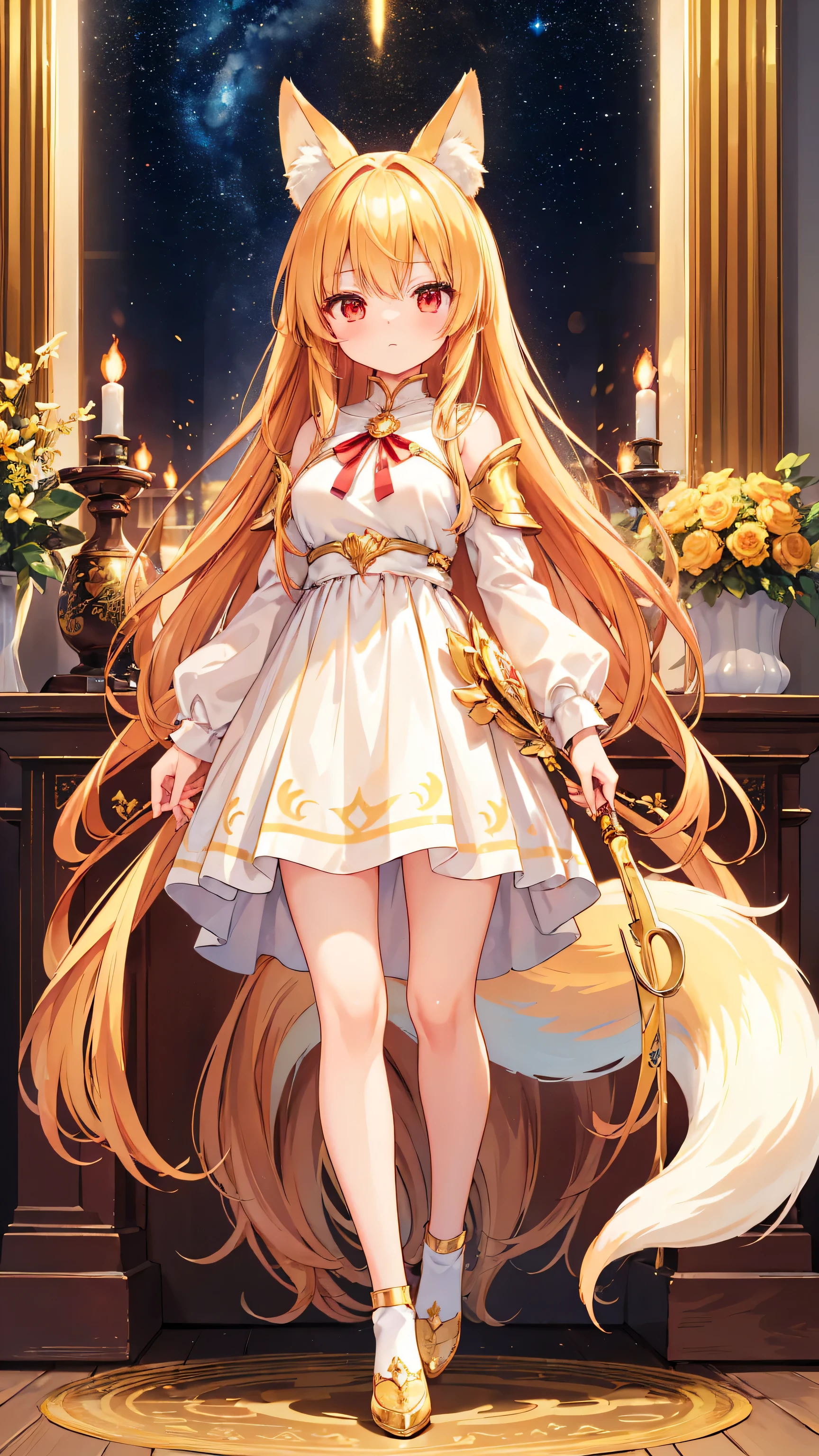 （masterpiece）、(highest quality)、((Very detailed))、(Very delicate)、cute、Golden Hair、Beautiful breasts、Nice、Fantastic forest and starry sky、1 golden fox tail、Golden fox ears、Red eyes、one person、Long Hair、(Full body portrait),(Are standing:1.3)、Absolute area、cute armor suit、（Full body golden metal armor）、Holy sword