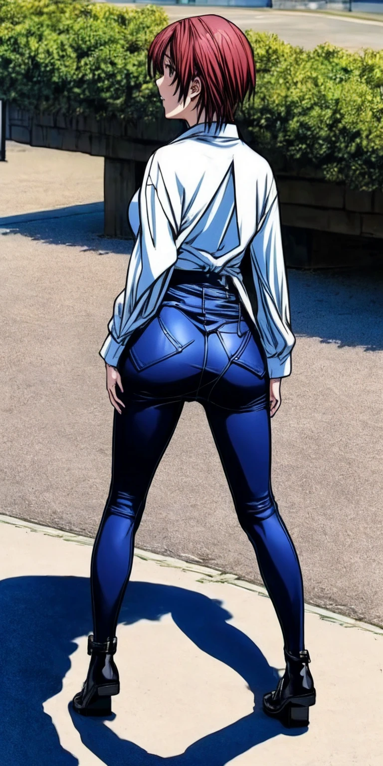 Kei Kishimoto full body sitting on a bench showing ass to me (morning daytime park background) (masterpiece, best quality, ultra-detailed, best shadow)
