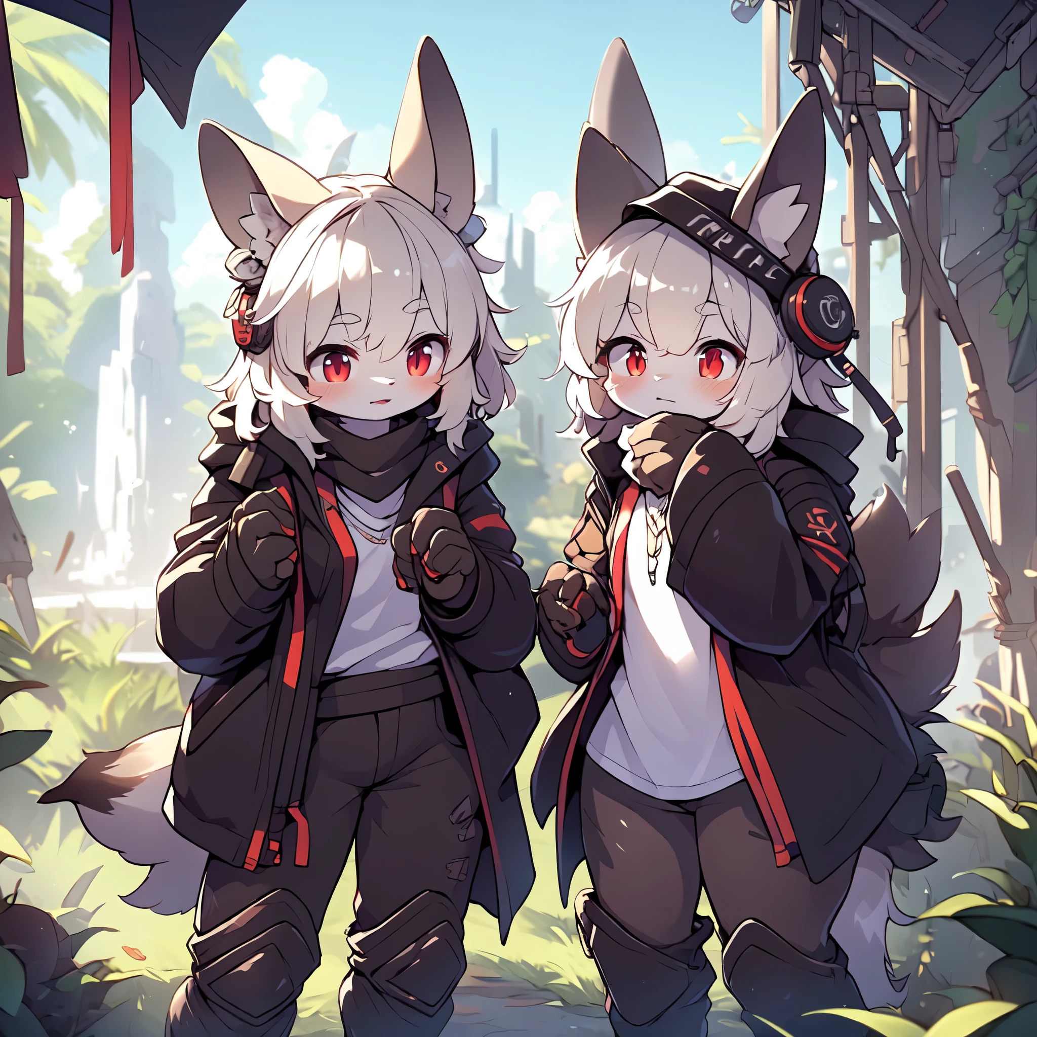 Kawaii, Striped Fluffy Fox, emaciated, long hair, 3girls, artificial synthetic skin, life support prosthetics, digital headphones, black tight latex bodysuit, white long dress, thigh-high-socks, shorts, loose off-the-shoulder hood open jacket, holsters in thigh, Mechanical boots, tactical knee pads, tactical belted loose Arm Sleeves, cybernetic Display gloves, chest rigs, tactical belts, blue archive halo, bulletproof goggles on forehead, from Ark nights, ray tracing, depth of field, bloom, masterpiece, ccurate, high details, highres