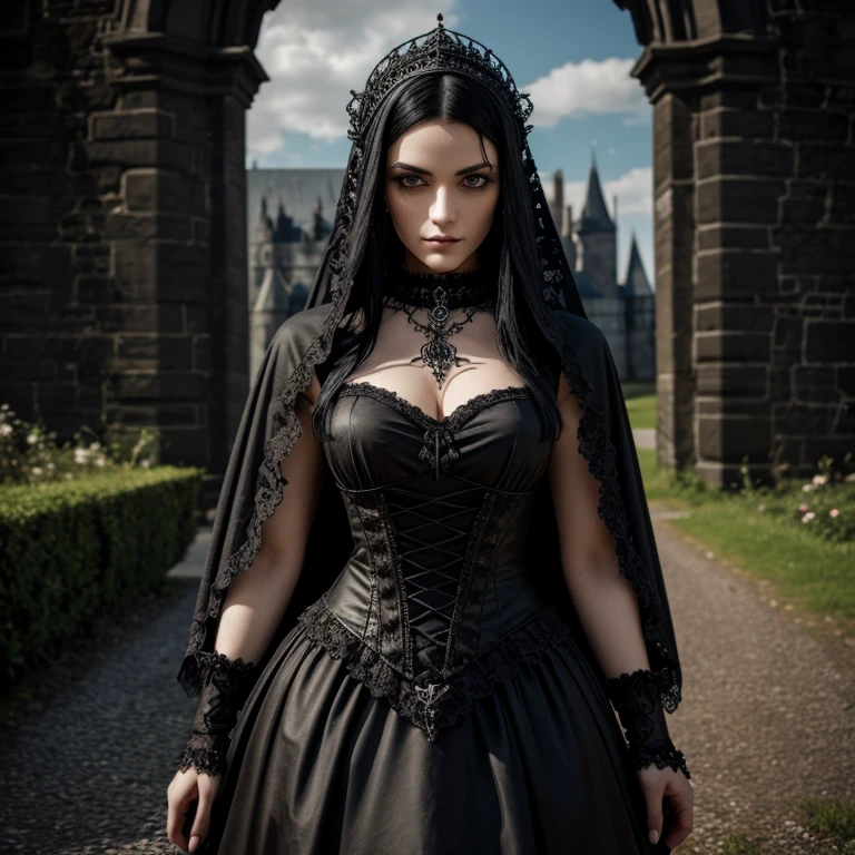 1 European gothic woman, female, full body, black hair, hyperrealistic, ultra detailed face and eyes, realistic representation, her clothing is gothic style, in the picture you can see a castle