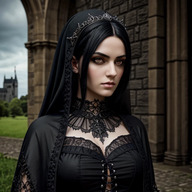 1 European gothic woman, female, full body, black hair, hyperrealistic, ultra detailed face and eyes, realistic representation, her clothing is gothic style, in the picture you can see a castle