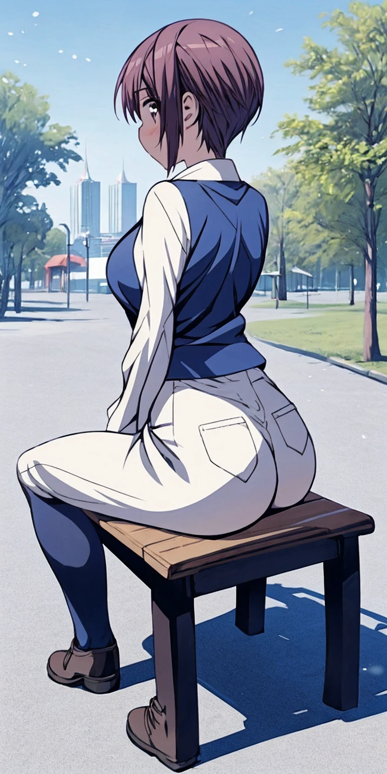 Kei Kishimoto full body sitting on a bench showing ass to me (morning daytime park background) (masterpiece, best quality, ultra-detailed, best shadow)