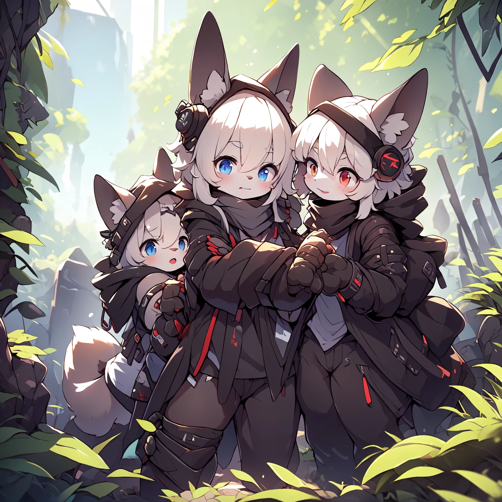 Kawaii, Striped Fluffy Fox, emaciated, long hair, 3girls, artificial synthetic skin, life support prosthetics, digital headphones, black tight latex bodysuit, white long dress, thigh-high-socks, shorts, loose off-the-shoulder hood open jacket, holsters in thigh, Mechanical boots, tactical knee pads, tactical belted loose Arm Sleeves, cybernetic Display gloves, chest rigs, tactical belts, blue archive halo, bulletproof goggles on forehead, from Ark nights, ray tracing, depth of field, bloom, masterpiece, ccurate, high details, highres