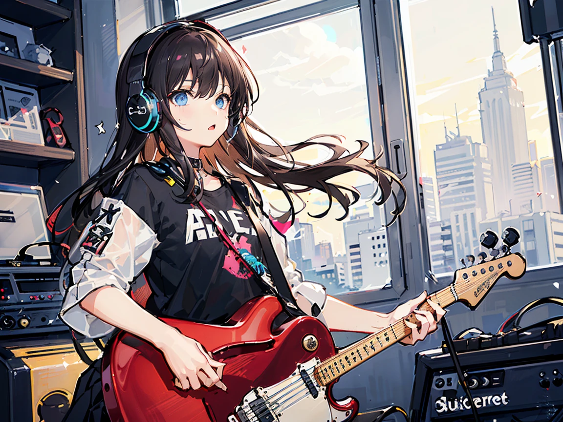 ((masterpiece,best quality)),1girl, solo, black skirt, blue eyes, electric guitar, guitar, headphones, holding, holding plectrum, instrument, long straight hair, , music, one side up, black hair, playing guiter, pleated skirt, black shirt, indoors ,(adult),bangs,(straight on:1.5)
