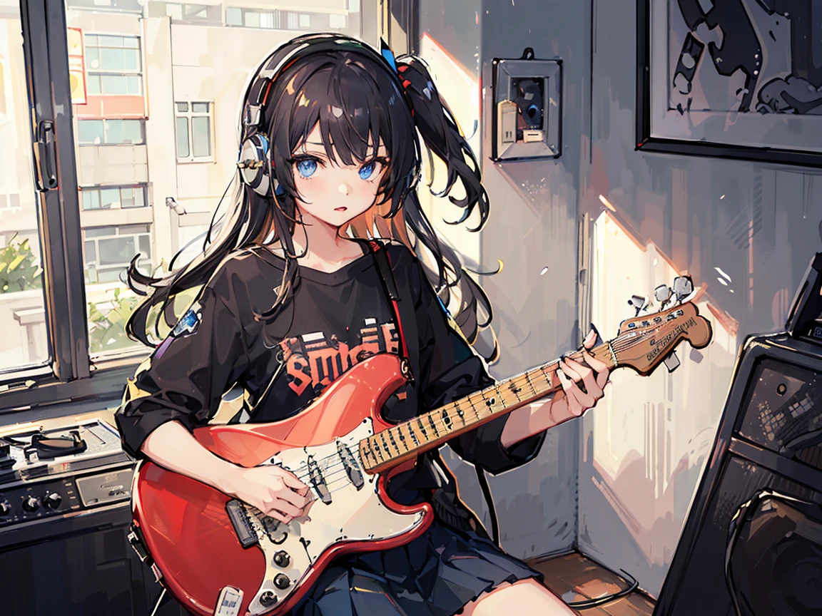 ((masterpiece,best quality)),1girl, solo, black skirt, blue eyes, electric guitar, guitar, headphones, holding, holding plectrum, instrument, long straight hair, , music, one side up, black hair, playing guiter, pleated skirt, black shirt, indoors ,(adult),bangs,(straight on:1.5)
