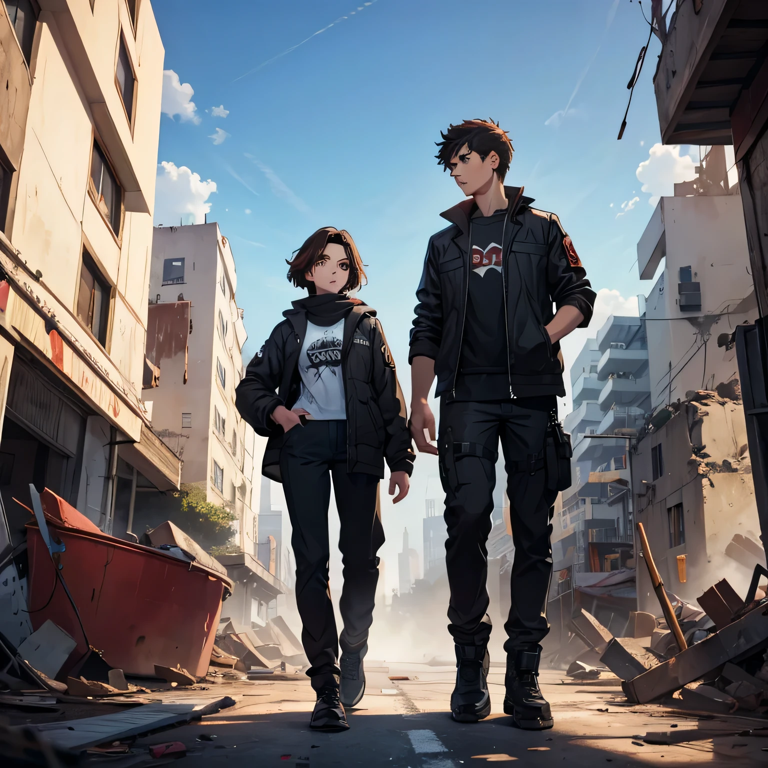 17 year old male boy accompanying dark haired girl in destroyed city., en un mundo de apocalipsis.