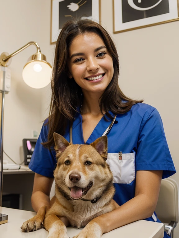 Veterinary profession woman smiling, abrazando un perro de raza Golden en su consultorio.
