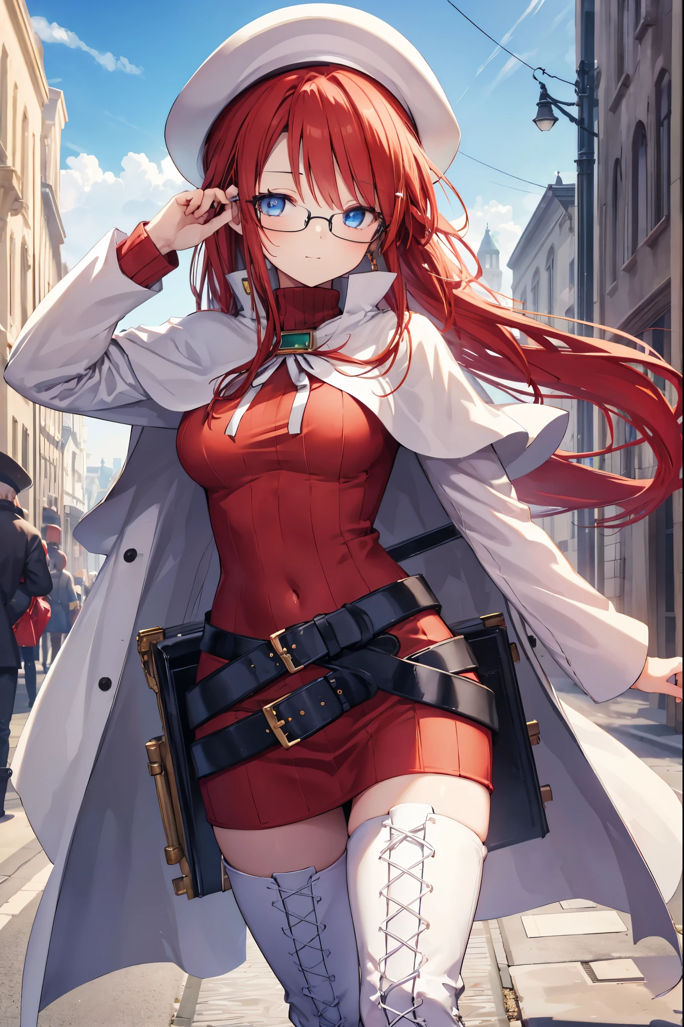 summonnightaty, aty, (young:1.3),long hair, blue eyes, red hair, large_beret, hat, glasses,
BREAK long hair, thighhighs, hat, dress, boots, glasses, belt, cape, sweater, zettai ryouiki, beret, thigh boots, white footwear, ribbed sweater, loose belt,solo,
BREAK outdoors, fantasy,on_cobblestone
,,Highquality_hads,perfect_fingers,
BREAK (masterpiece:1.2), best quality, high resolution, unity 8k wallpaper, (illustration:0.8), (beautiful detailed eyes:1.6), extremely detailed face, perfect lighting, extremely detailed CG, (perfect hands, perfect anatomy),covered_nipples,covered_navel,light_smile ,(half_eyes:1.4),long_sword,armpit,sleepy,dynamic_fighting_pose,barrel,red_sweater,apart_legs,magical_effect,spread_legs, have_a_book,teacher,rise_knee,kind_face
